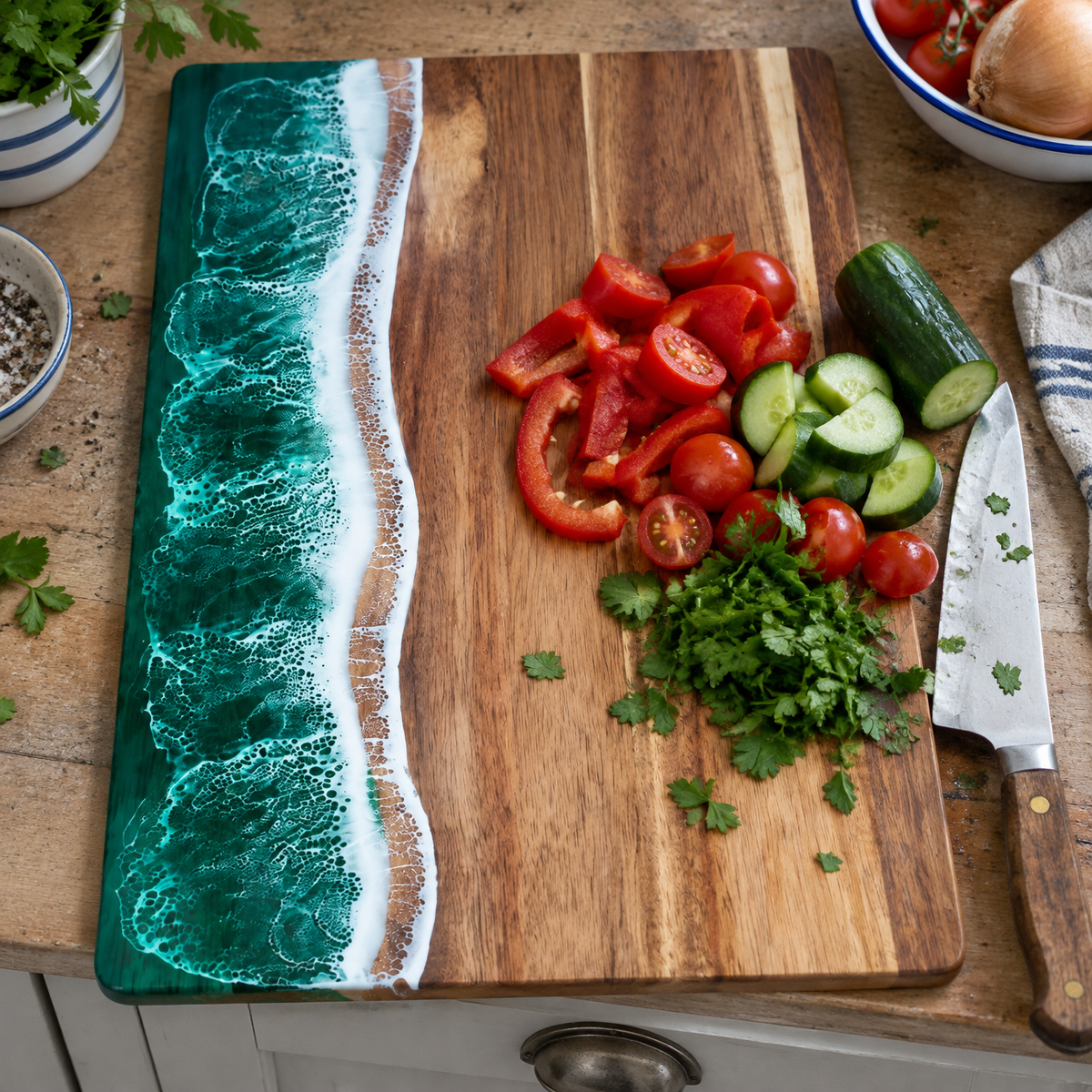 Acacia wood and resin cutting board on a kitchen worktop with a knife and chopped vegetables