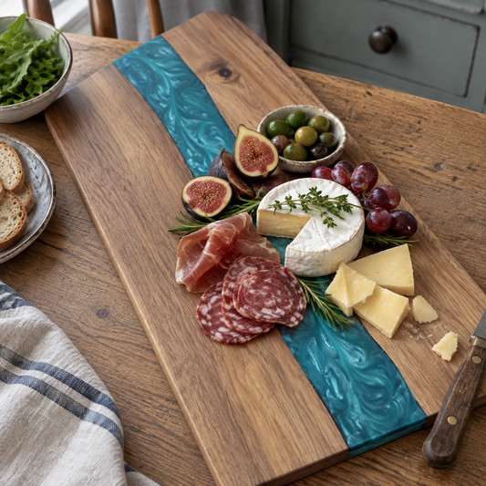 Acacia wood resin river charcuterie board on a scrubbed kitchen table with cheese and cured meat