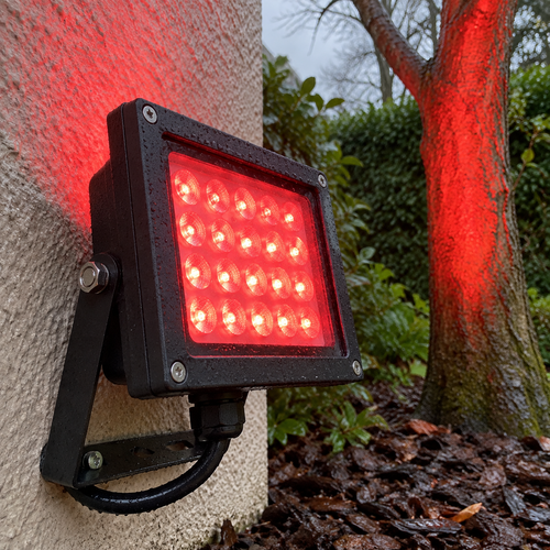 RGB colour changing outdoor LED floodlight mounted low on a garden wall lighting a tree