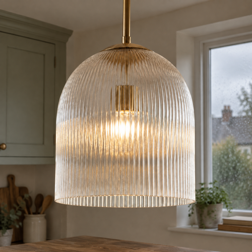 Copper and ribbed glass farmhouse pendant light hanging lit over a kitchen island