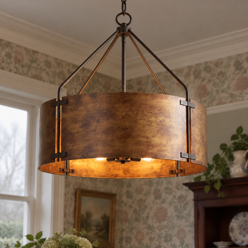 Copper farmhouse pendant light hanging lit in a dining room above a mahogany dresser