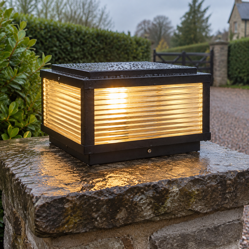 Ribbed glass square pillar light fixed upright on a stone gate pillar beside a gravel drive