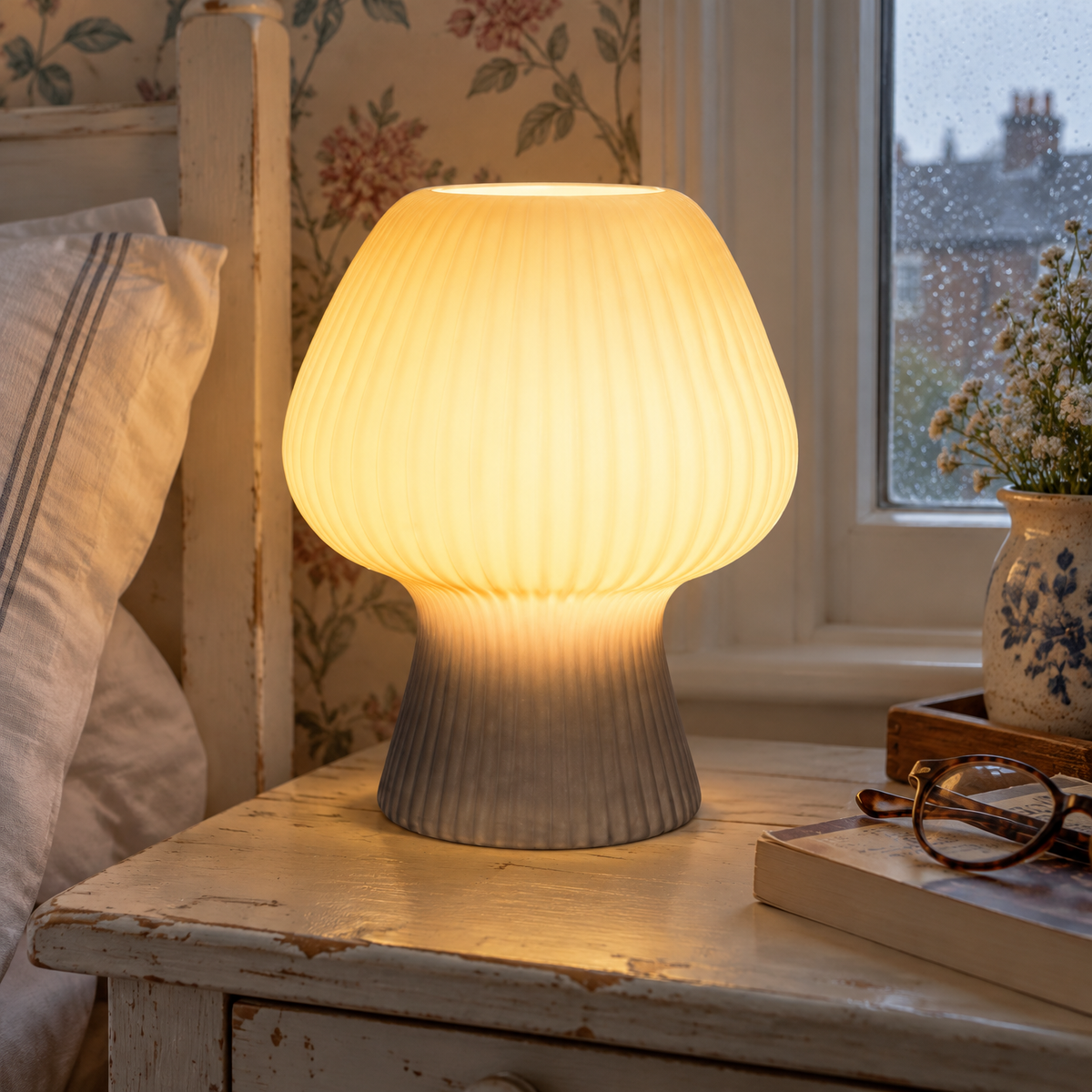 Vintage ribbed glass mushroom table lamp lit on a bedside table beside a paperback