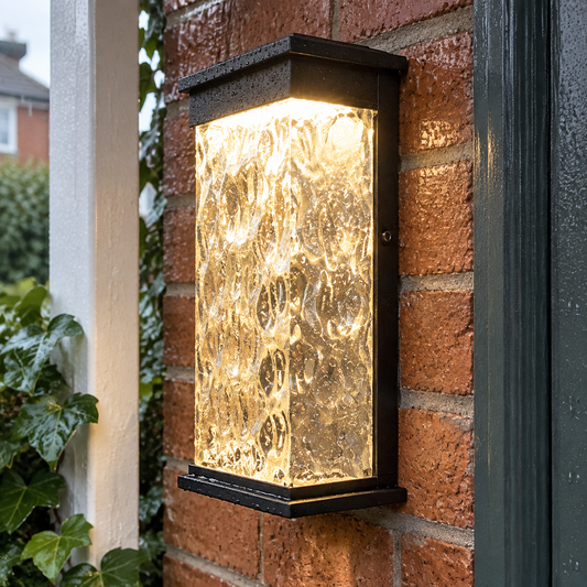 Black ripple glass outdoor wall light switched on beside a damp brick porch on an overcast afternoon
