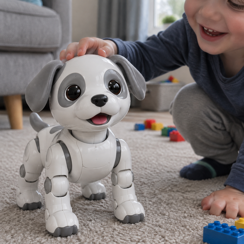 Child reaching out to an interactive robotic puppy toy standing on a living room carpet