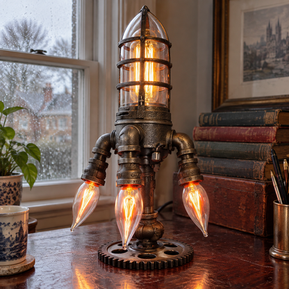 Steampunk rocket table lamp glowing warm on a mahogany desk beside a rainy sash window