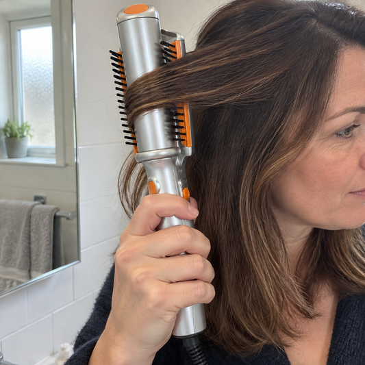 Woman using a two-in-one rotating hot styling brush on her hair in front of a tiled bathroom mirror