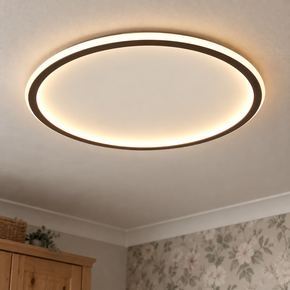 Round Scandinavian ceiling light fitted flush to a bedroom ceiling above a pine wardrobe