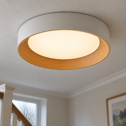 Minimalist round flush mount ceiling light on a landing ceiling above a stairwell bannister
