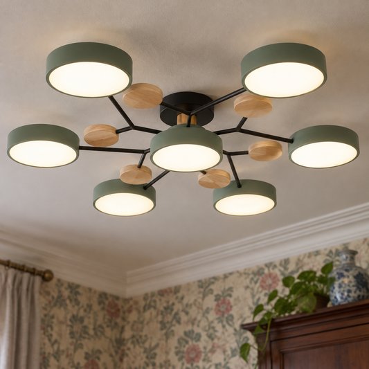 Round iron semi-flush LED chandelier fitted to a dining room ceiling above a mahogany dresser