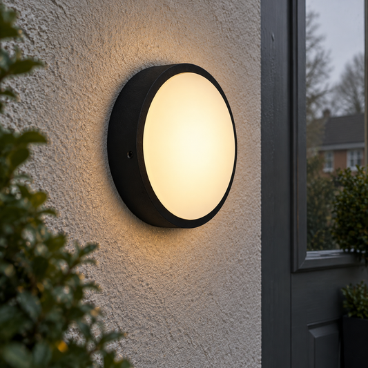 Round black outdoor porch light lit on a rendered wall beside a front door on a misty afternoon