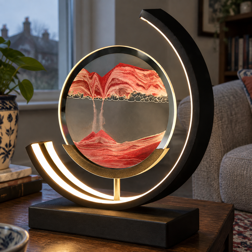 LED sand art table lamp with a circular frame glowing on a dark wood side table in a sitting room