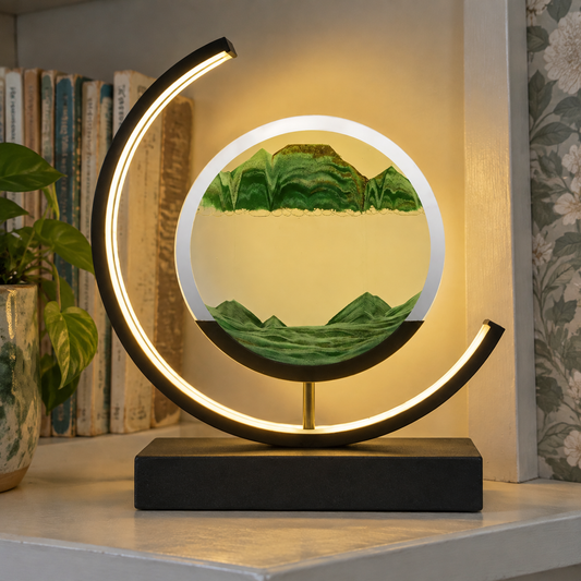 Minimalist sand landscape table lamp glowing softly on a painted bookshelf beside worn paperbacks