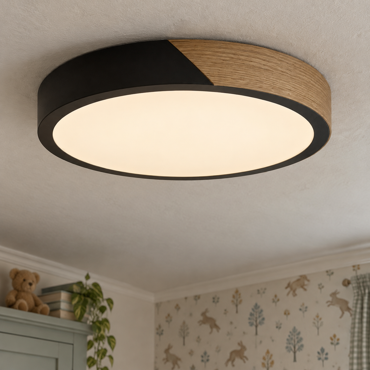 Scandinavian wood and coloured flush ceiling light fitted to a child's bedroom ceiling