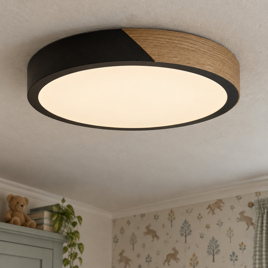 Scandinavian wood and coloured flush ceiling light fitted to a child's bedroom ceiling
