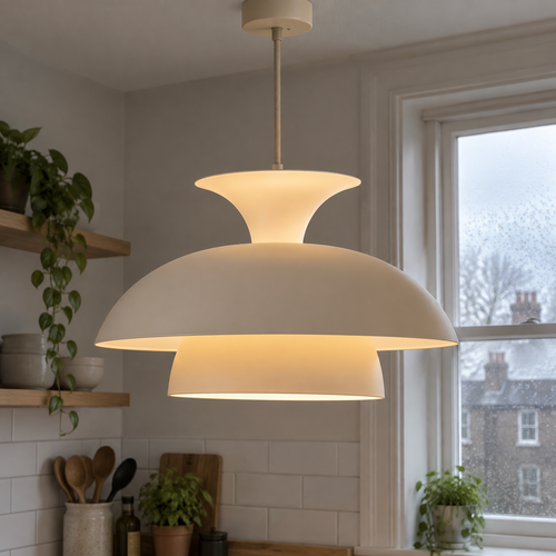 Beige Scandinavian pendant light hanging above a kitchen worktop on a drizzly morning