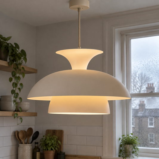 Beige Scandinavian pendant light hanging above a kitchen worktop on a drizzly morning