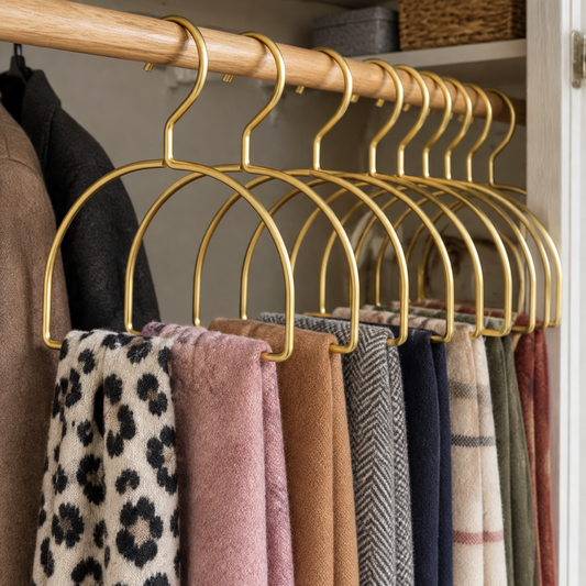 Curved space-saving scarf hanger holding scarves on a wardrobe rail beside hanging coats