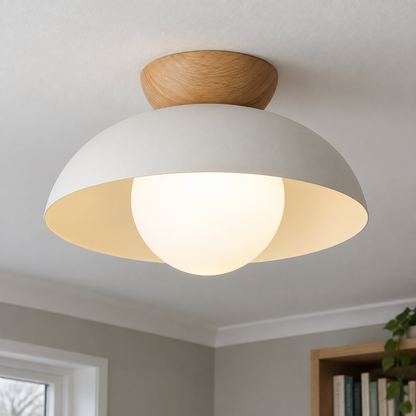 Modern minimalist metal semi-flush ceiling light above a tall bookcase in a plain study