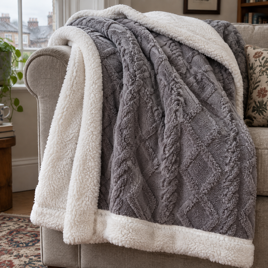 Double-sided sherpa fleece blanket draped over the arm of a worn sofa beside a sash window