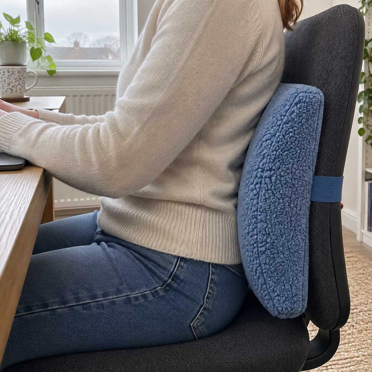 Sherpa lumbar support pillow strapped to a desk chair with a person leaning back against it