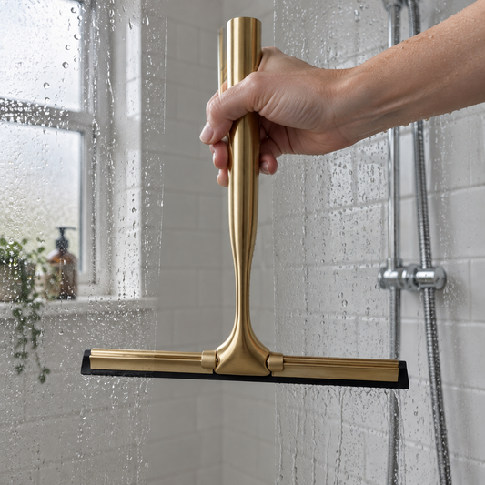 Hand drawing a brass shower squeegee down a wet glass shower screen in a tiled bathroom