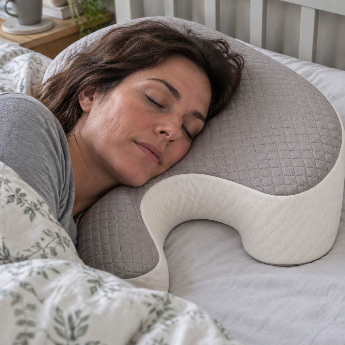 Person sleeping on their side using a shoulder cutout support pillow on rumpled bedding
