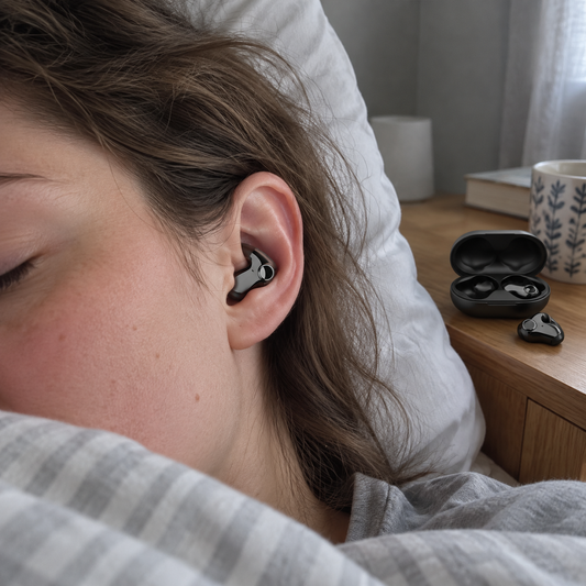 Person lying in bed wearing a flat wireless sleep earbud with the charging case on the bedside table