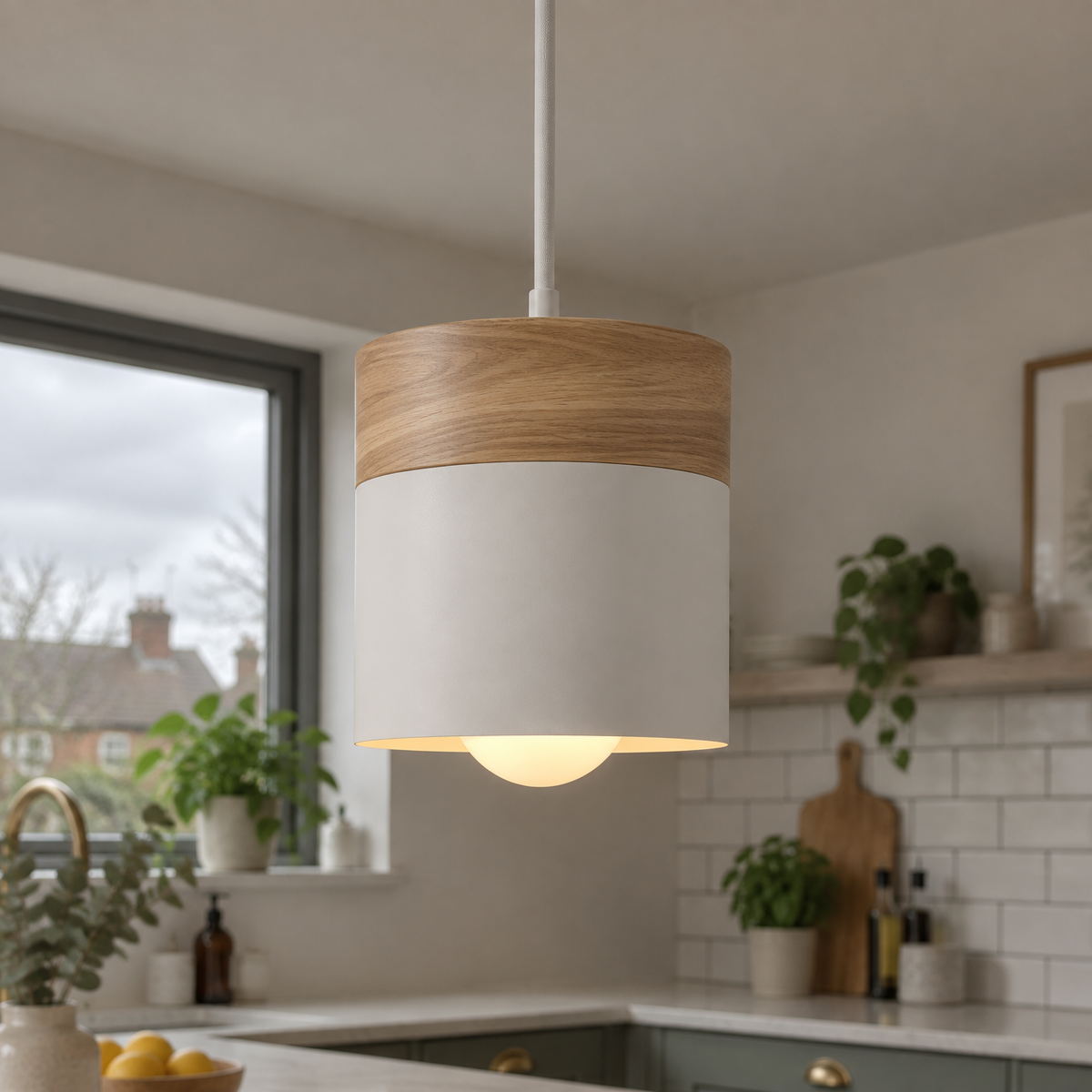 Small Scandi wood and coloured metal pendant light hanging over a kitchen island worktop