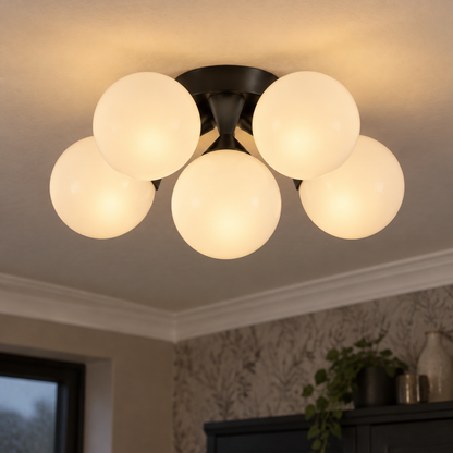 Black smart ceiling light with six opal glass globes lit above a dark dining sideboard