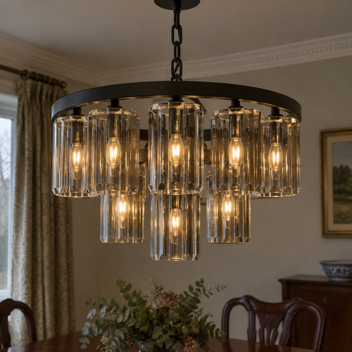 Black nine-light smoked glass chandelier lit above a mahogany dining table