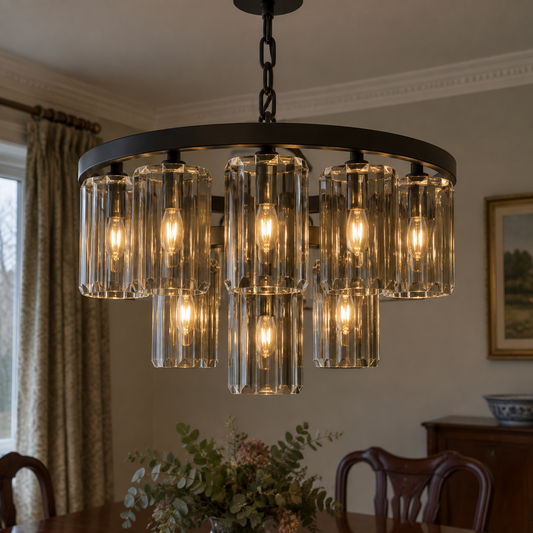 Black nine-light smoked glass chandelier lit above a mahogany dining table
