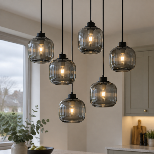 Black six-light smoked glass pendant hanging level above a kitchen island