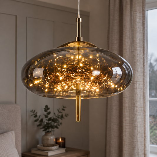 Smoked glass pendant light with a starlight effect glowing above a bedside table