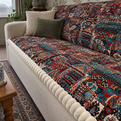 Embossed boho non-slip sofa cover fitted over a sitting room sofa above a patterned rug