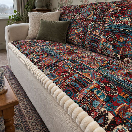 Embossed boho non-slip sofa cover fitted over a sitting room sofa above a patterned rug