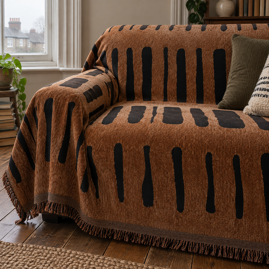 Tribal pattern woven sofa protector spread over a sofa beside a sash window on a misty morning