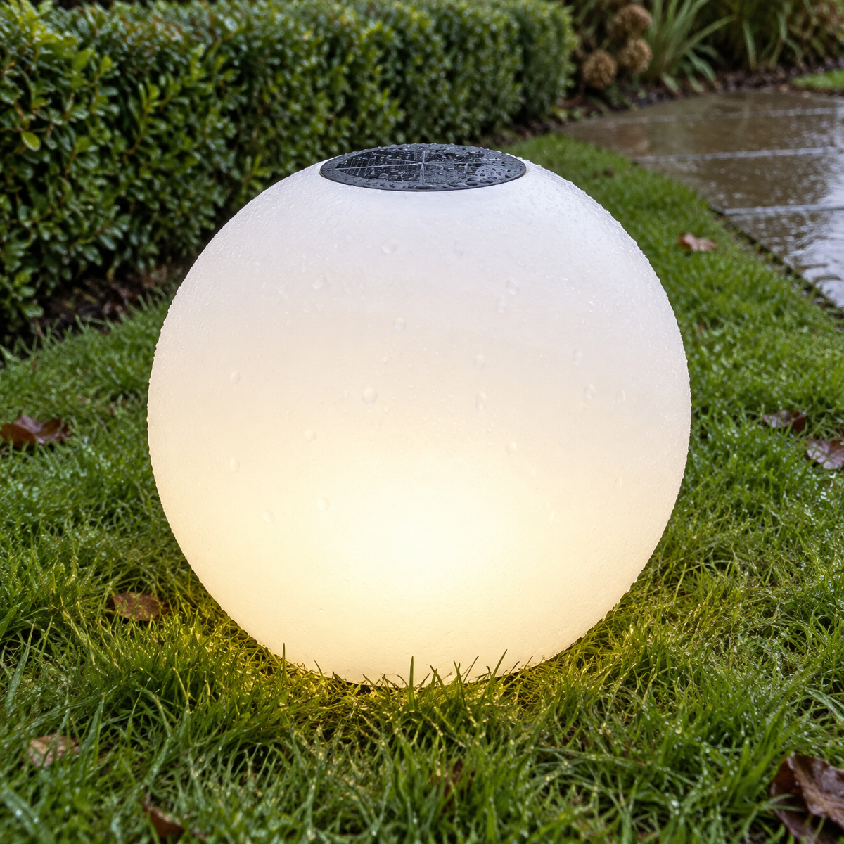 Solar garden globe light glowing in colour on a damp lawn beside clipped hedging
