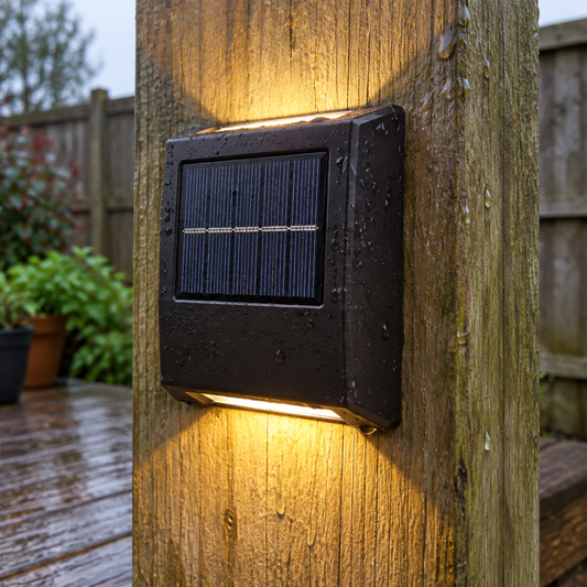 Wireless solar LED deck light fixed to a damp timber post above weathered decking