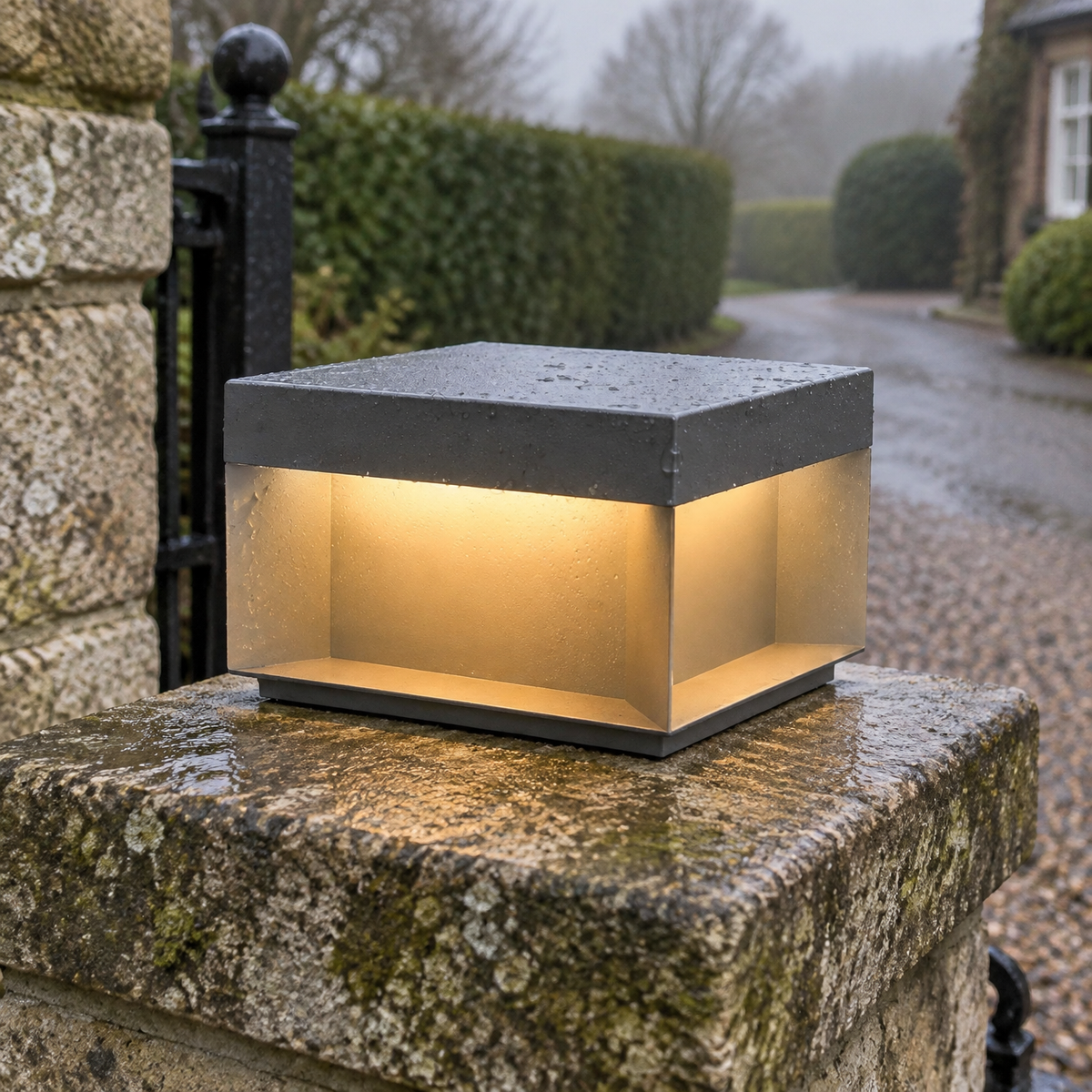 Square glass cube solar deck light glowing on top of a stone gate pillar beside a gravel driveway