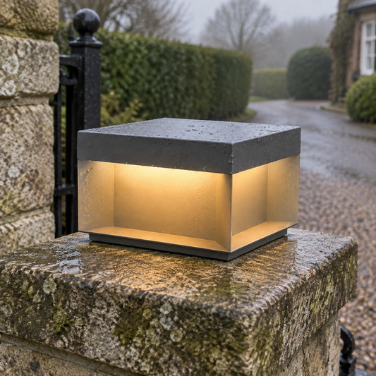 Square glass cube solar deck light glowing on top of a stone gate pillar beside a gravel driveway