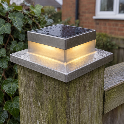 Stainless steel square solar post cap light fitted on top of a timber garden fence post, glowing warm white on a damp overcast afternoon