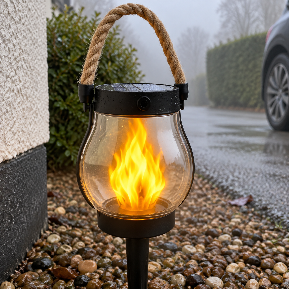Solar garden torch lamp pushed into gravel beside a driveway wall, flame effect glowing through cold morning mist