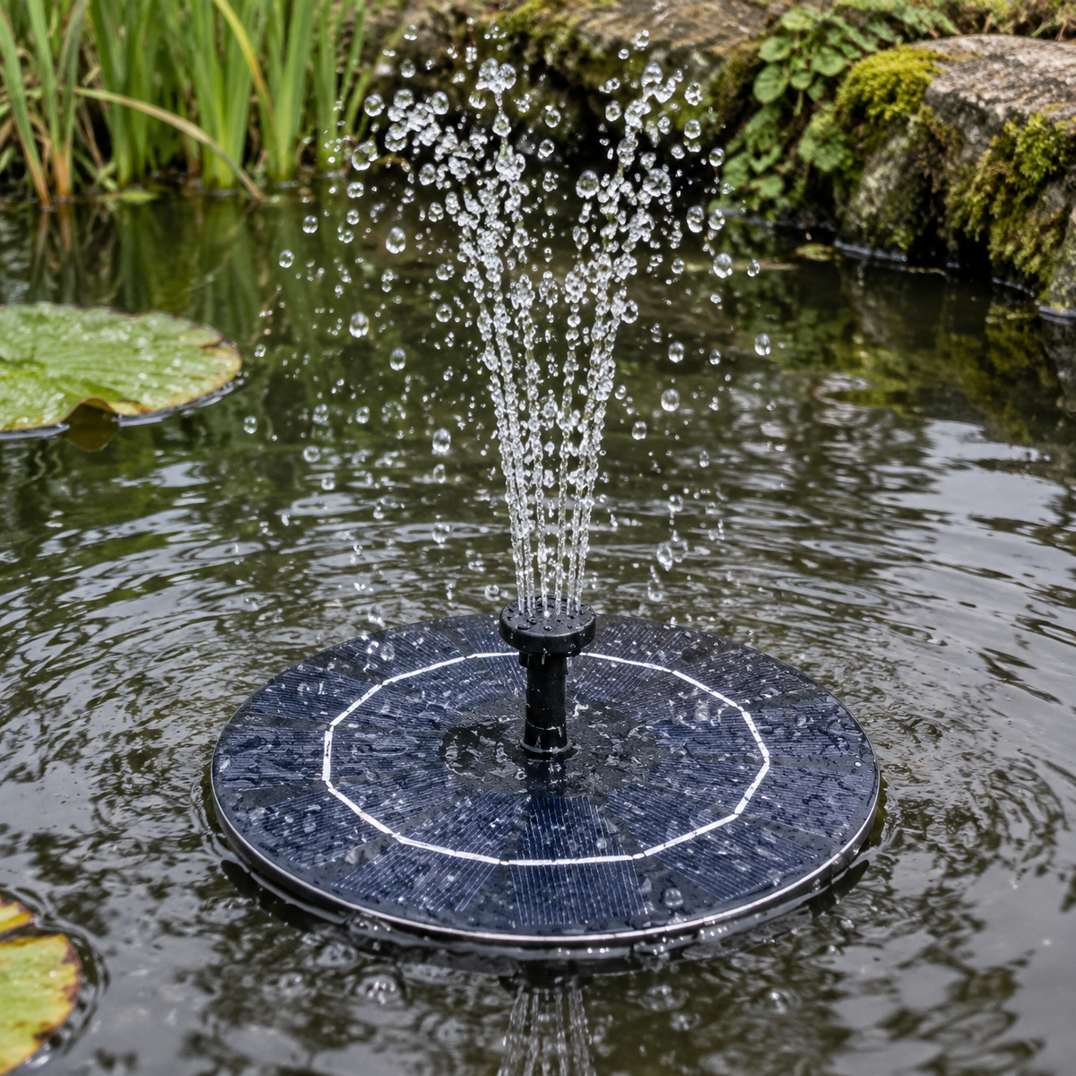 Floating solar fountain pump on a garden pond, its round solar disc level with the water and a small jet of water rising from the centre nozzle