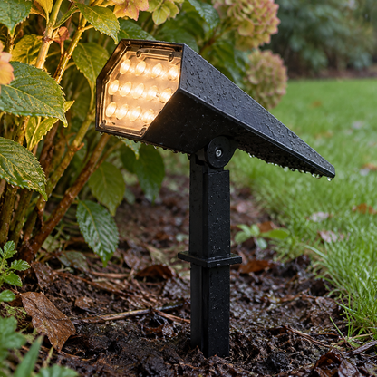 Black solar garden spike spotlight staked in damp soil at the foot of a hydrangea, head tilted up to light the planting on a rainy afternoon