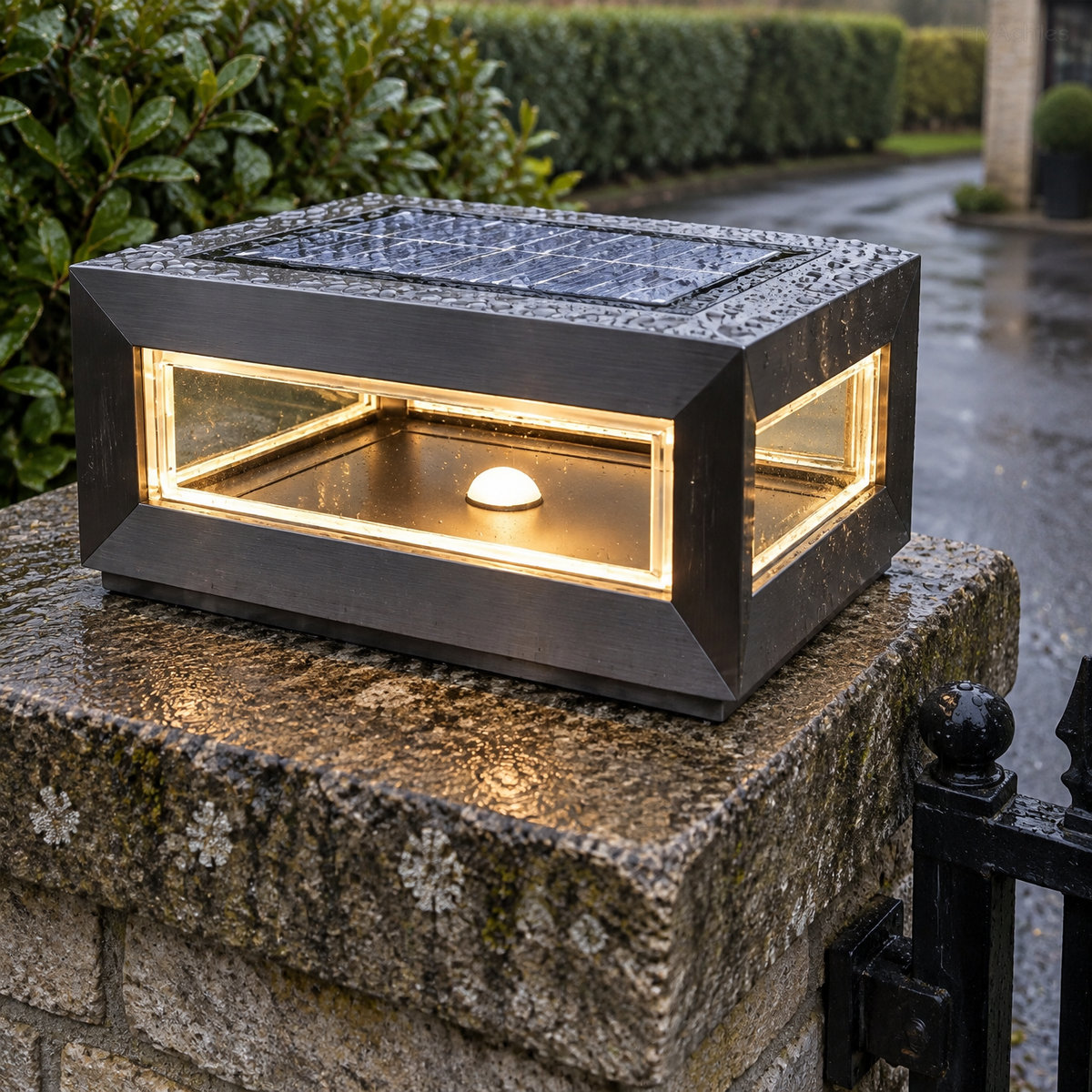 Brushed stainless steel solar gate post light mounted on the capstone of a stone driveway pillar beside a wrought-iron gate