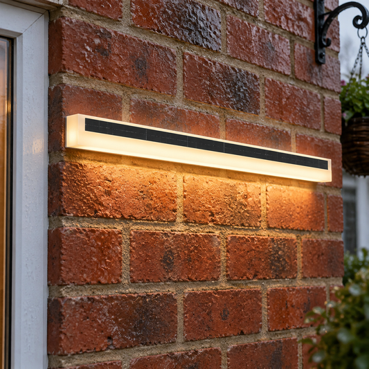 Slim linear solar LED wall light fixed horizontally to red brickwork beside a porch door, washing warm light down the wall