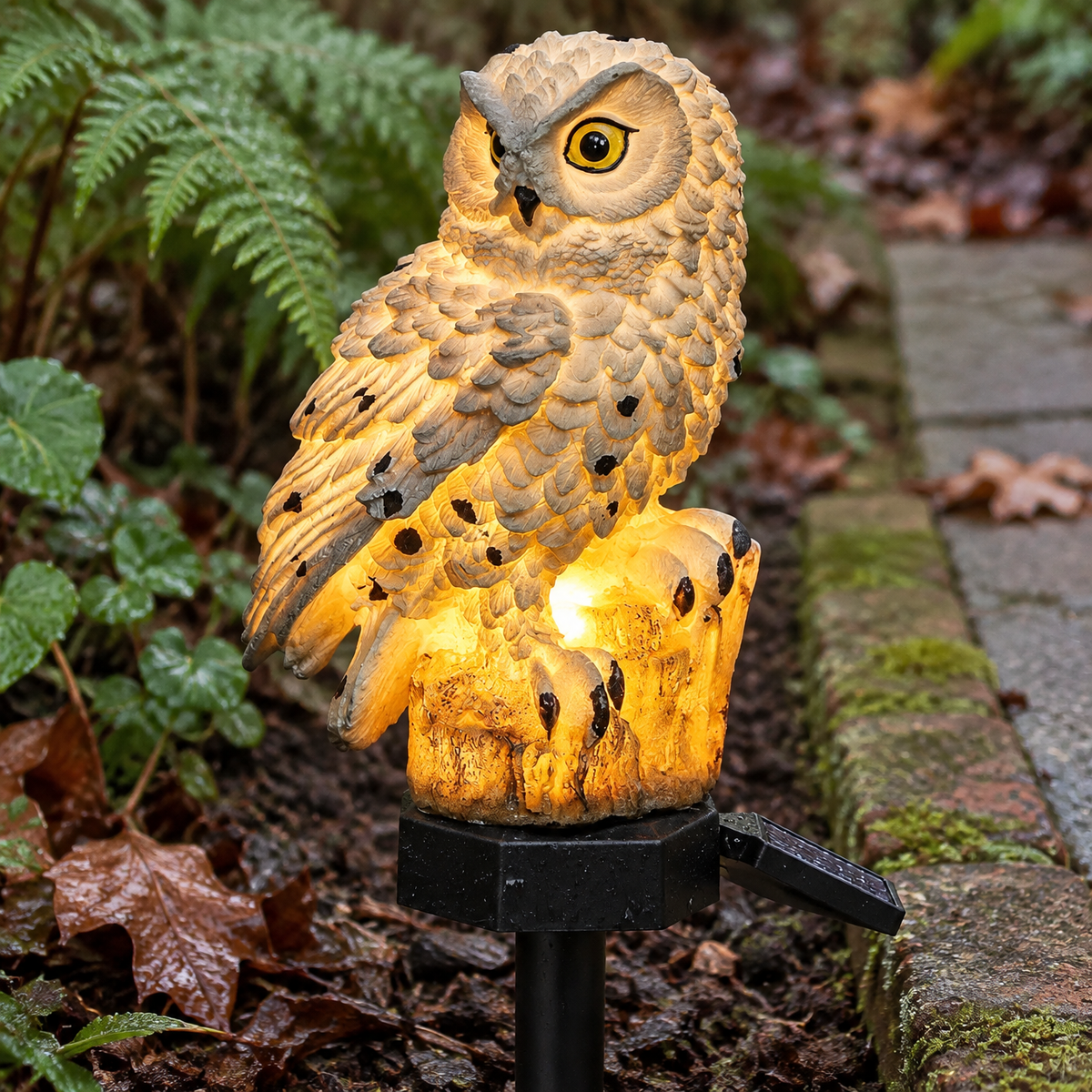 Solar owl garden light staked upright in bark mulch beside a mossy brick path edge on a grey morning after rain
