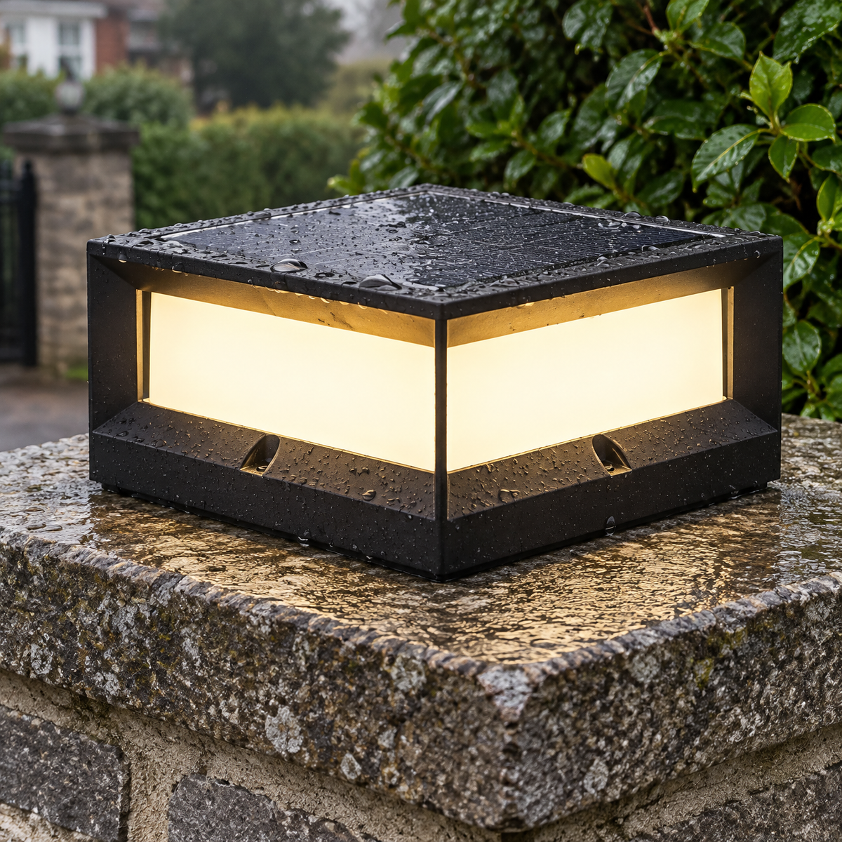 Black square solar pillar cap light with white diffusion panel sitting on a stone gate pillar beside a rain-wet privet hedge