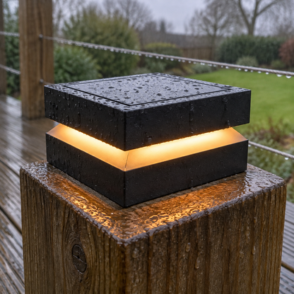 Black stainless steel tiered solar post cap light fitted to the top of a decking post, glowing warm on a wet grey afternoon